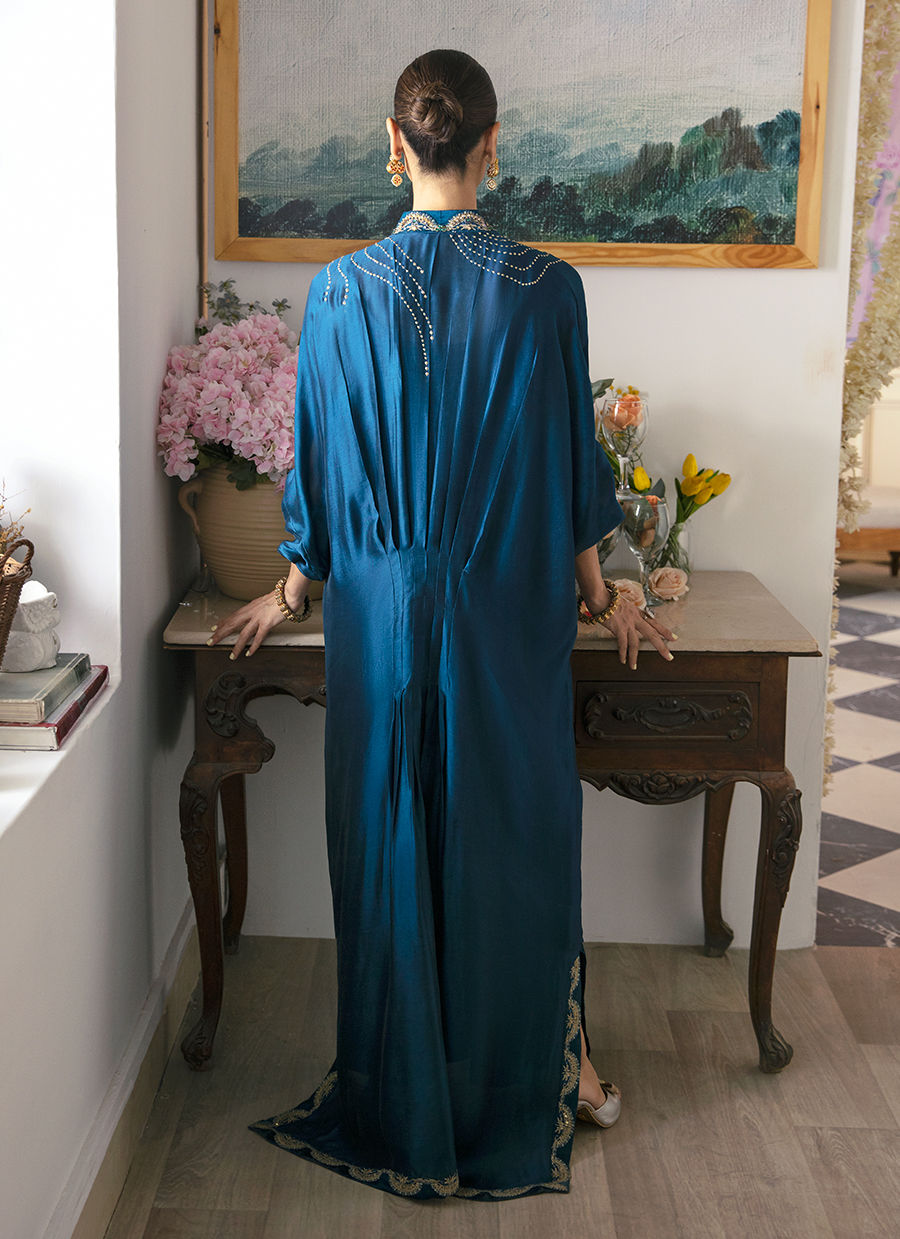 Deep Teal Embellished Silk Kaftan (1-Pc) - Image 5