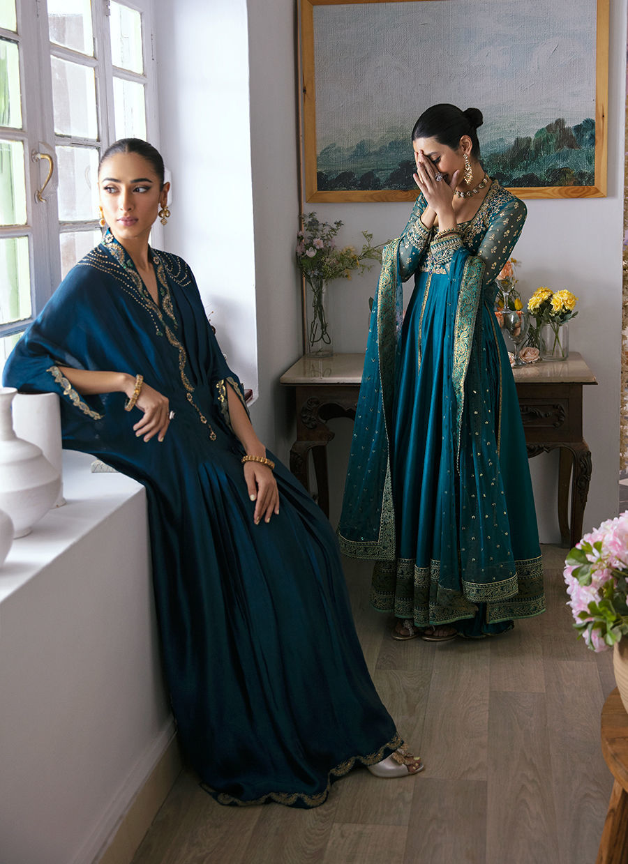 Deep Teal Embellished Silk Kaftan (1-Pc) - Image 7
