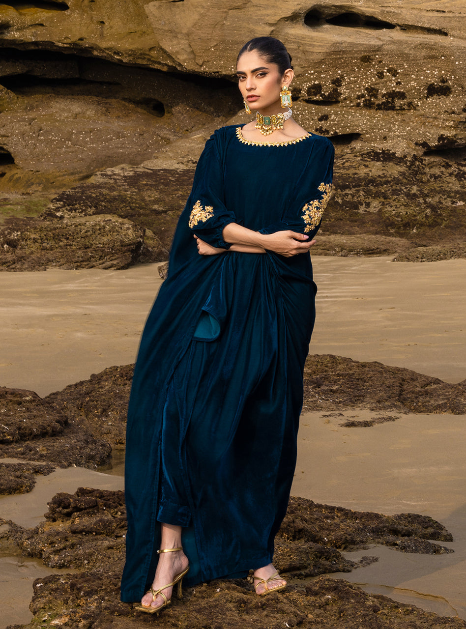 Pakistani Deep Teal Embroidered Velvet Kaftan (2-Piece) - Image 1