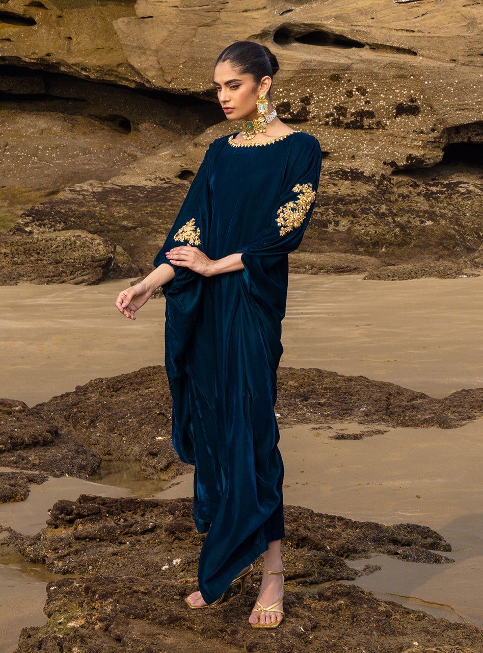 Deep Teal Embroidered Velvet Kaftan (2-Piece) - Image 2