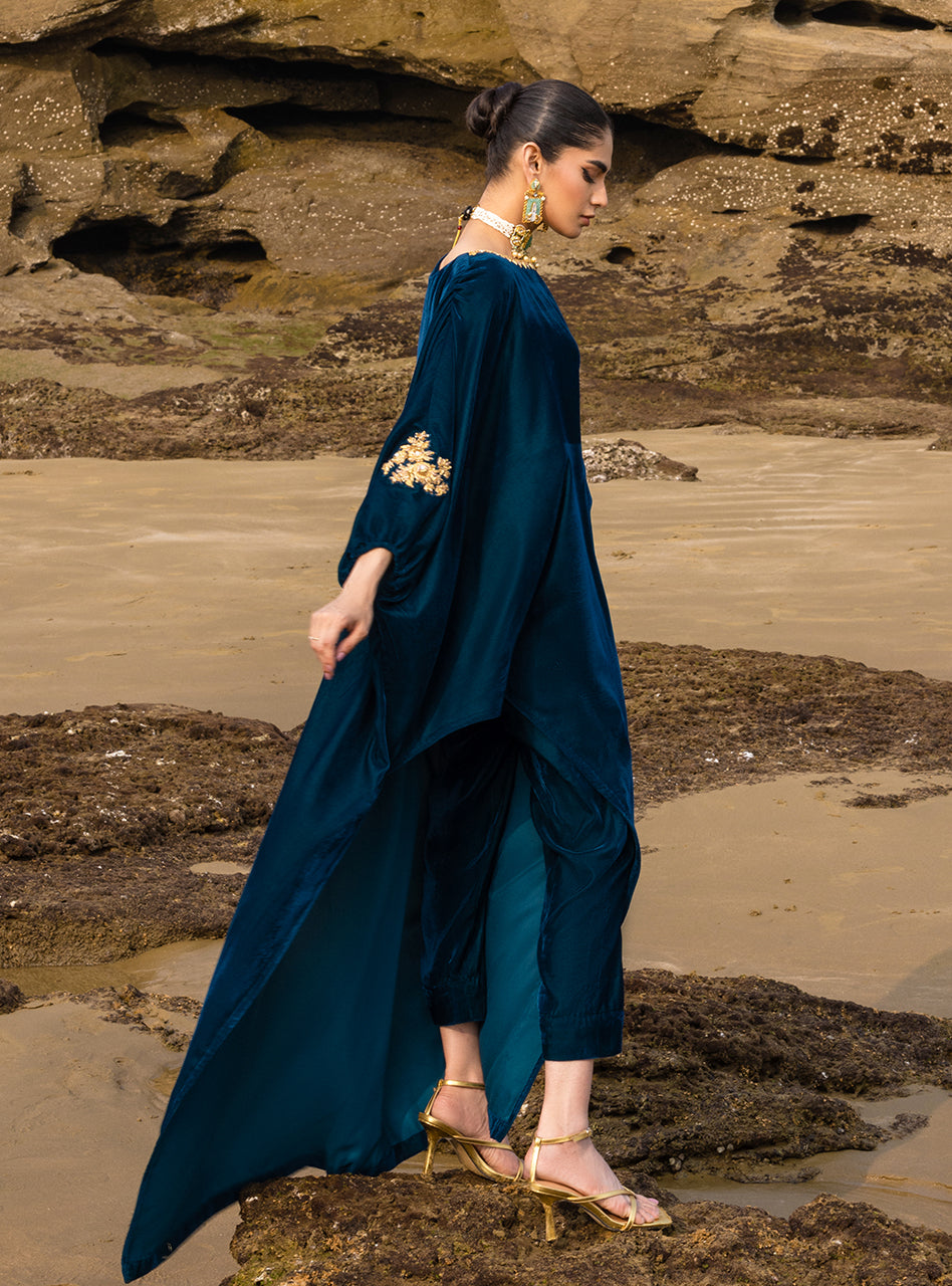 Deep Teal Embroidered Velvet Kaftan (2-Piece) - Image 3