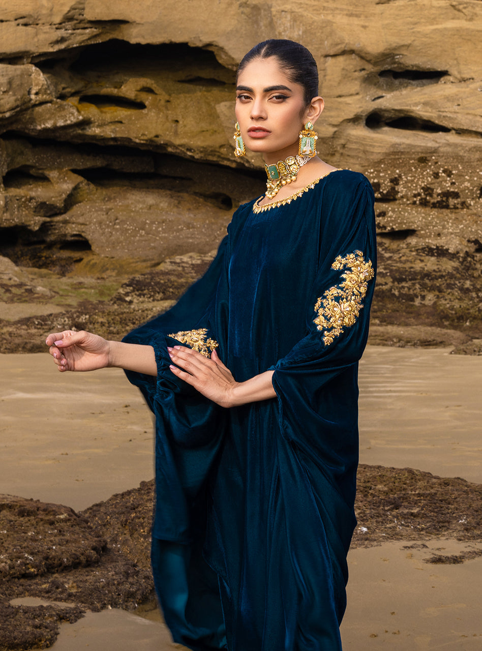 Deep Teal Embroidered Velvet Kaftan (2-Piece) - Image 4