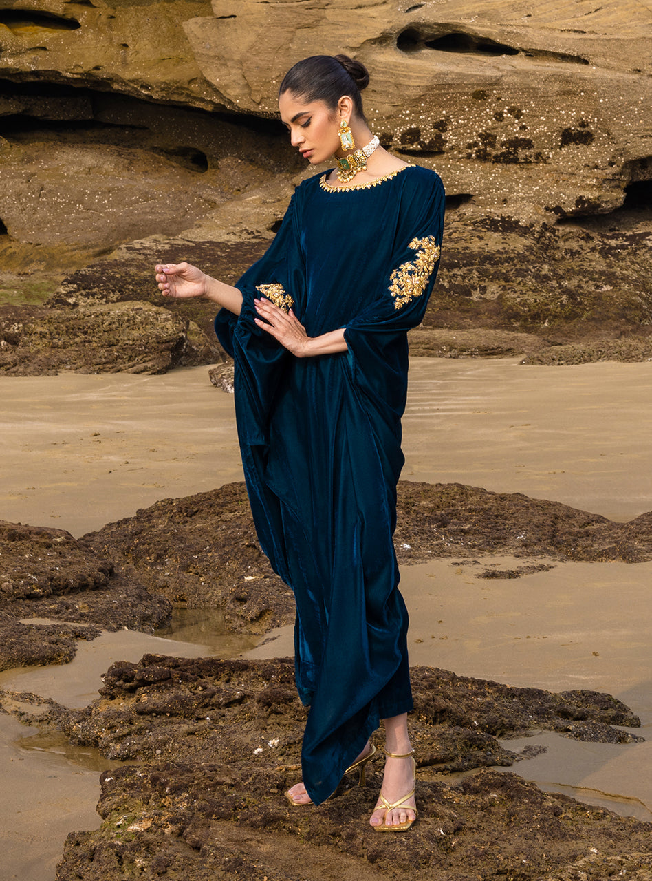 Deep Teal Embroidered Velvet Kaftan (2-Piece) - Image 5