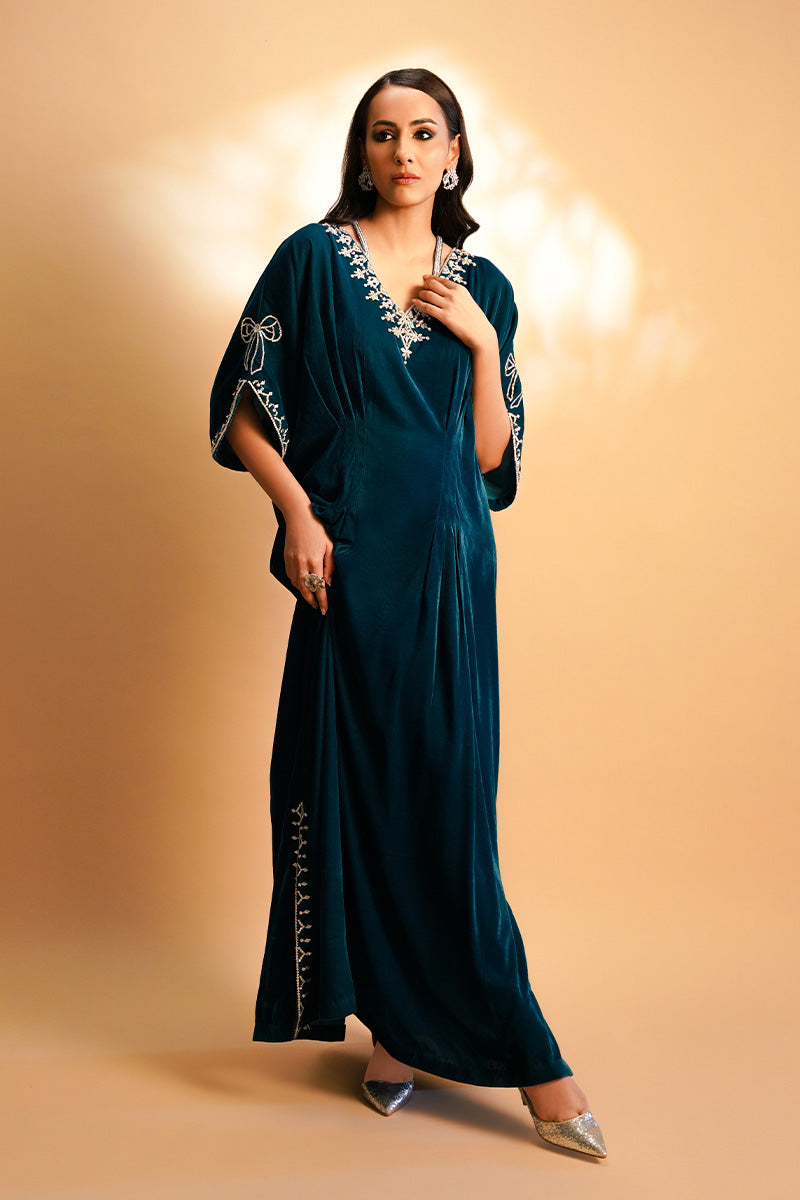 Deep Teal Velvet Kaftan with Silver Gotta Work (1-Pc) - Image 1