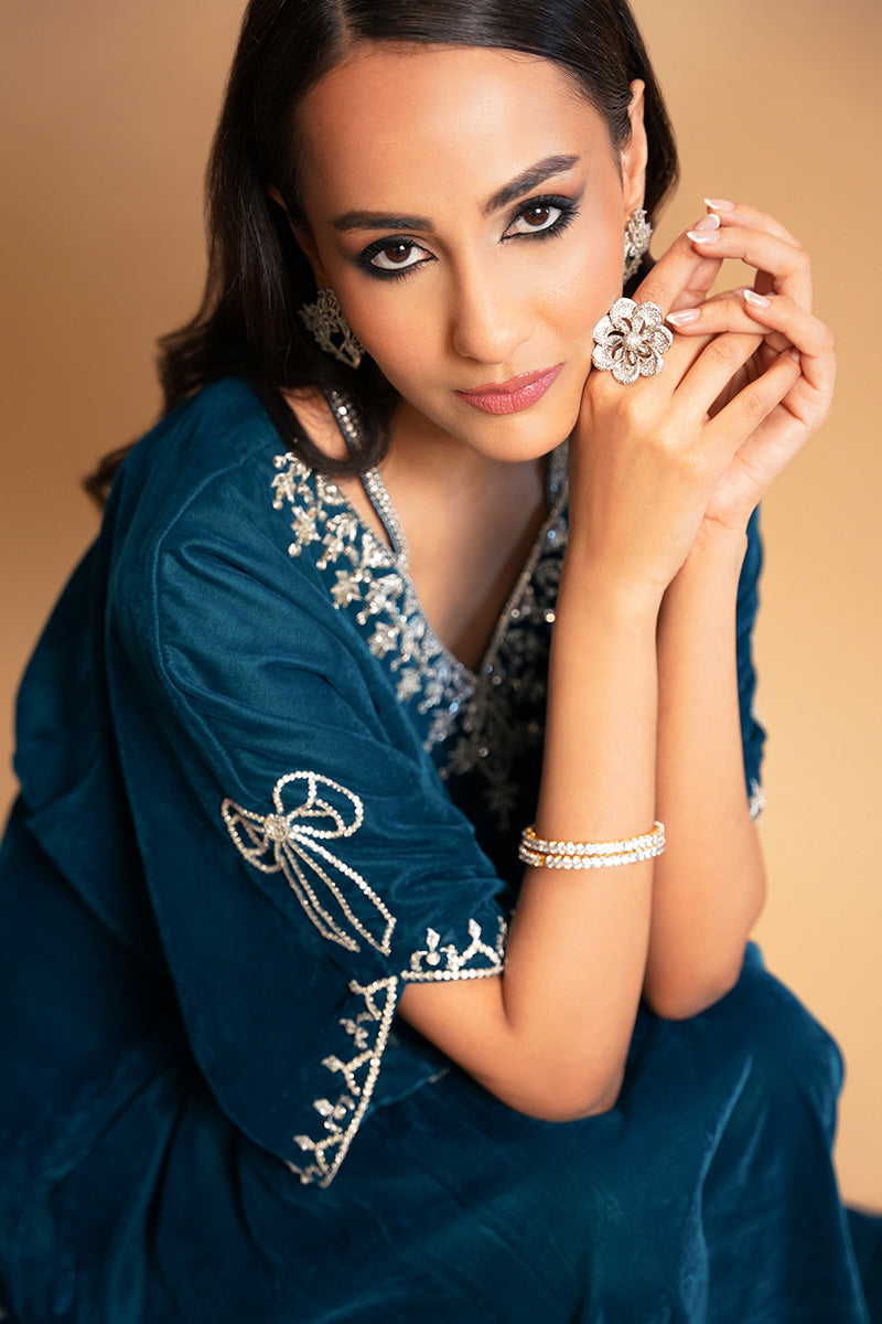 Deep Teal Velvet Kaftan with Silver Gotta Work (1-Pc) - Image 2