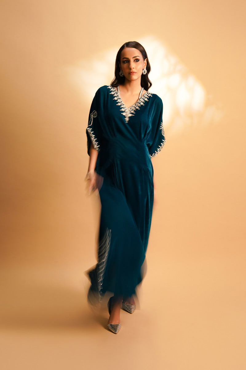 Deep Teal Velvet Kaftan with Silver Gotta Work (1-Pc) - Image 3