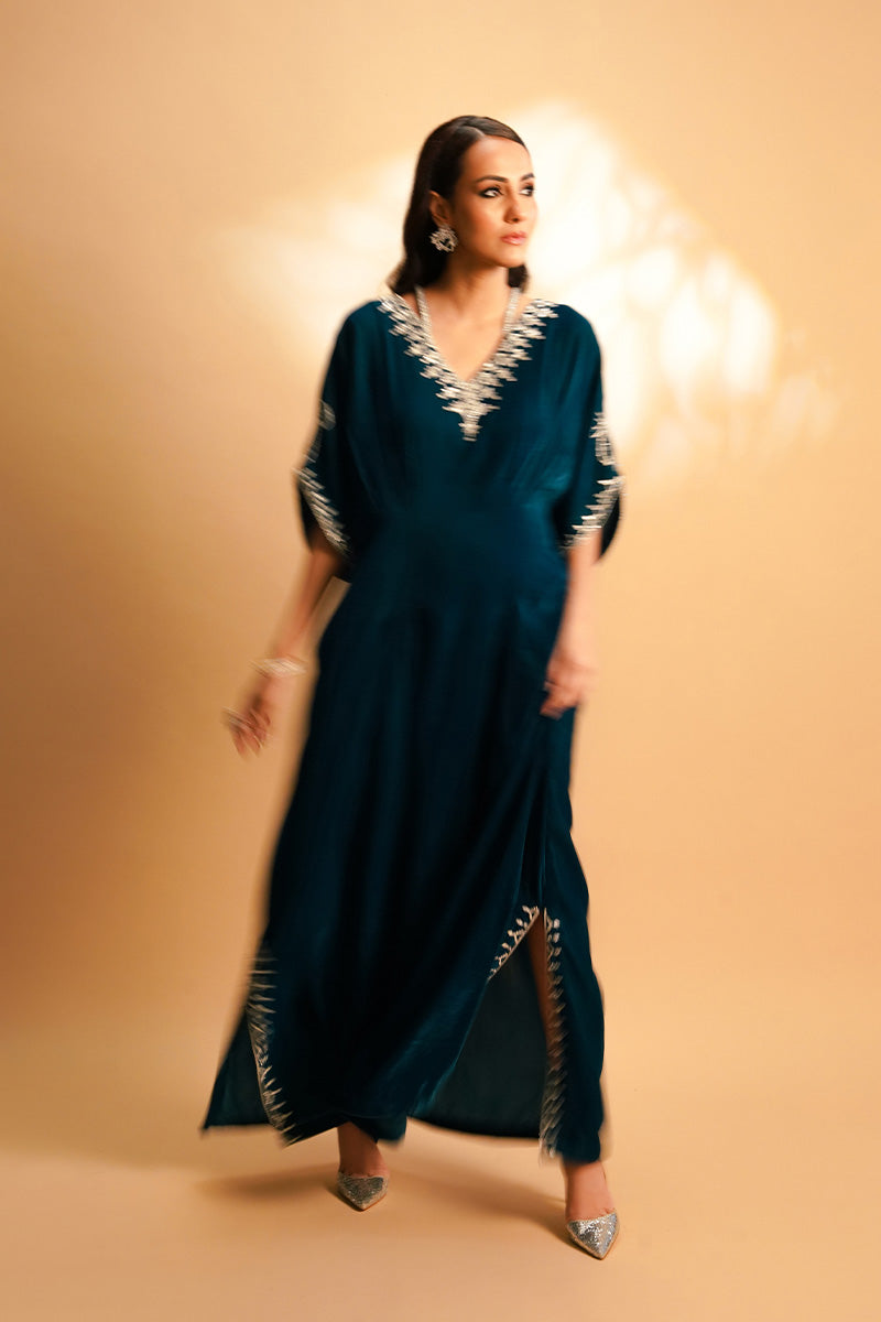 Deep Teal Velvet Kaftan with Silver Gotta Work (1-Pc) - Image 5