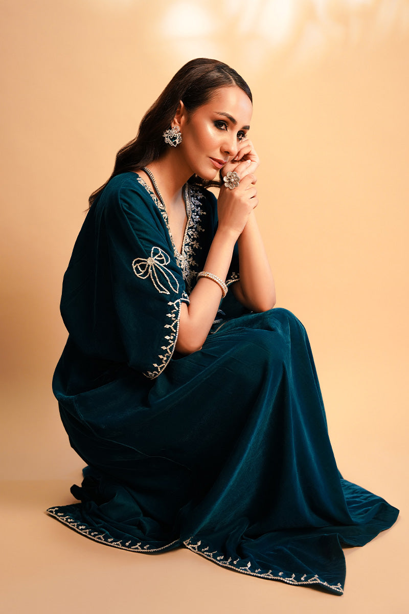 Deep Teal Velvet Kaftan with Silver Gotta & Crystal - Image 2