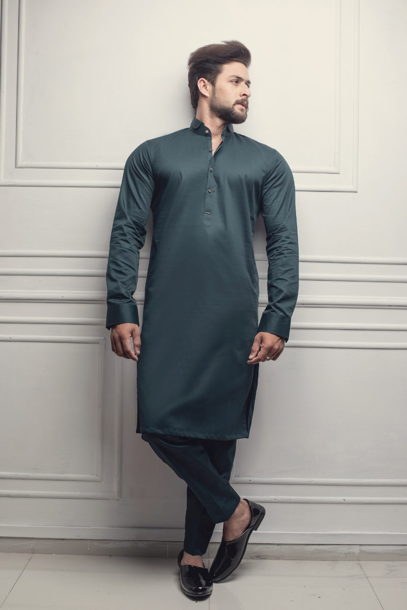 Deep Teal Cotton-Silk Kurta Pajama (2-Piece) - Image 1
