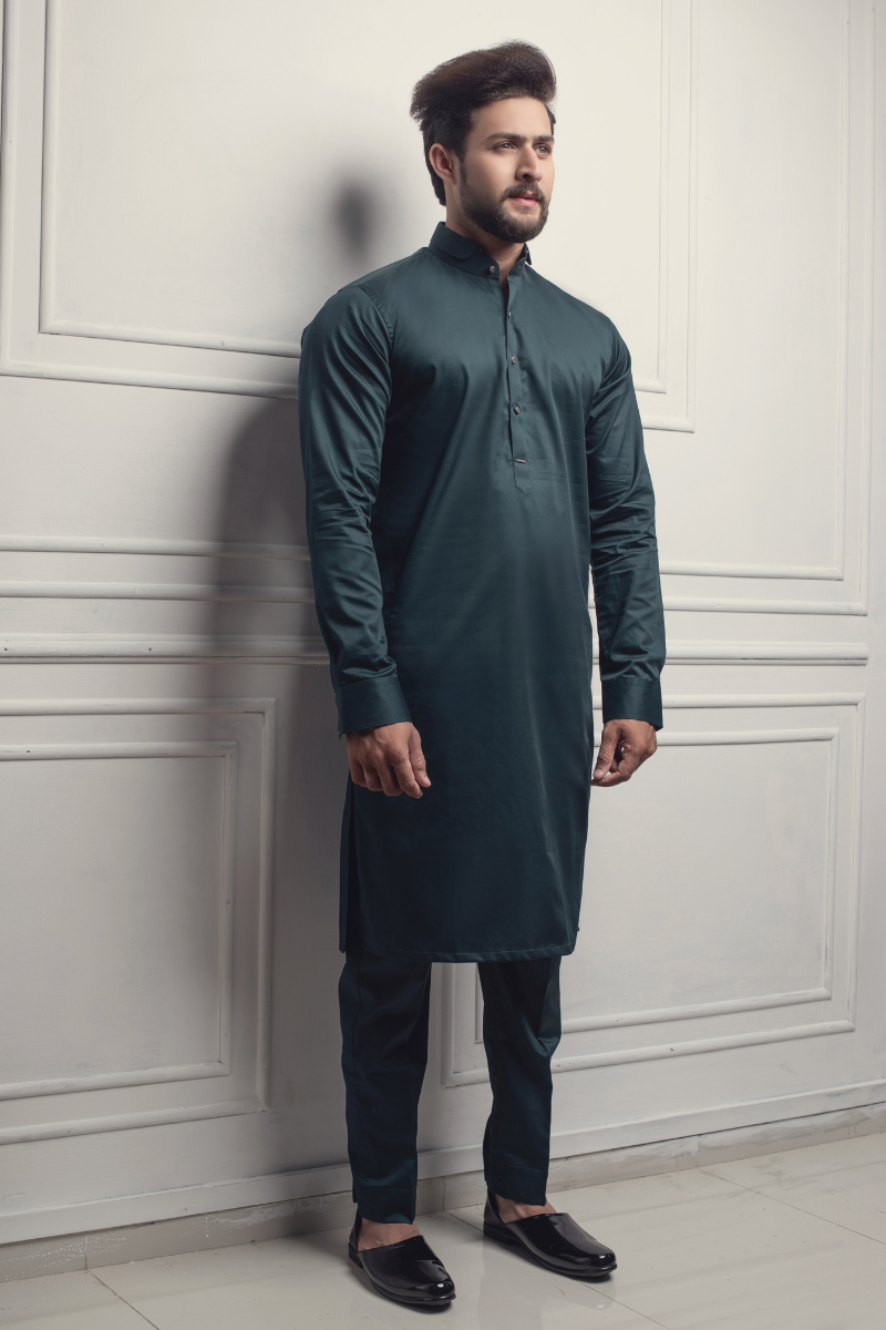 Deep Teal Cotton-Silk Kurta Pajama (2-Piece) - Image 3