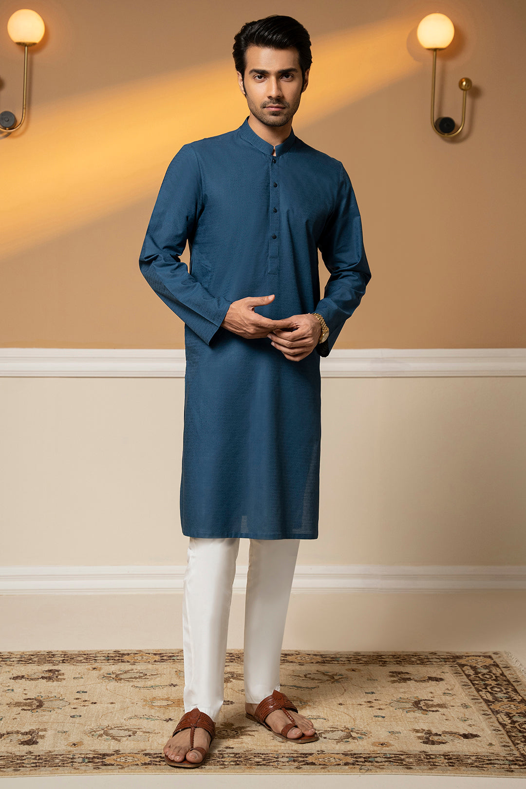 Teal Self-Textured Wash & Wear Kurta (2-Piece) - Image 2