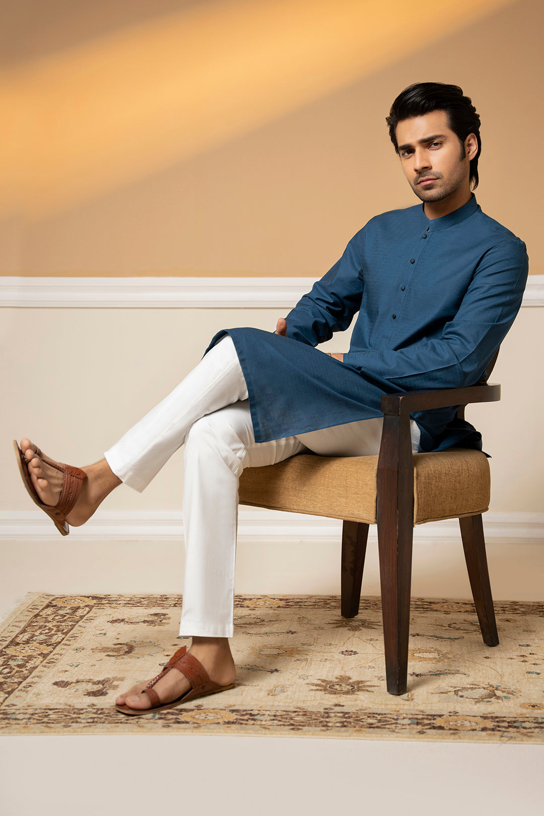 Teal Self-Textured Wash & Wear Kurta (2-Piece) - Image 3