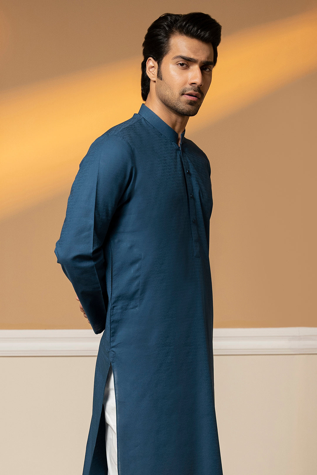 Teal Self-Textured Wash & Wear Kurta (2-Piece) - Image 4