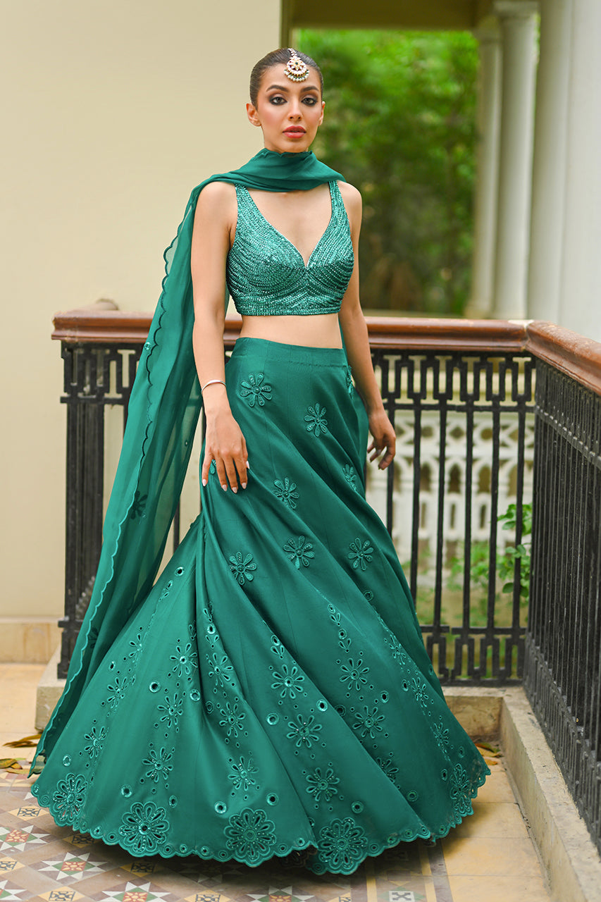 Pakistani Teal Eyelet Embroidered Raw Silk Lehnga Choli (3-Piece) - Image 1
