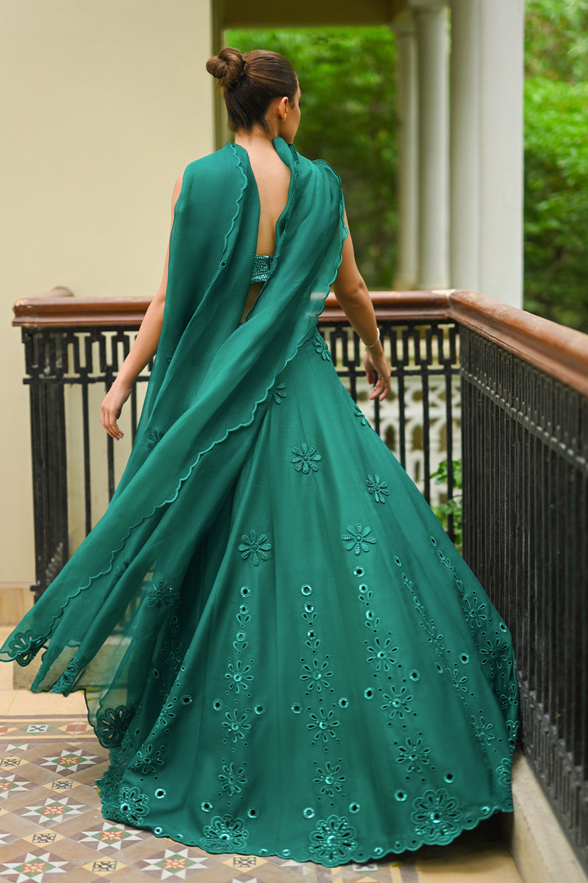 Pakistani Teal Eyelet Embroidered Raw Silk Lehnga Choli (3-Piece) - Image 2