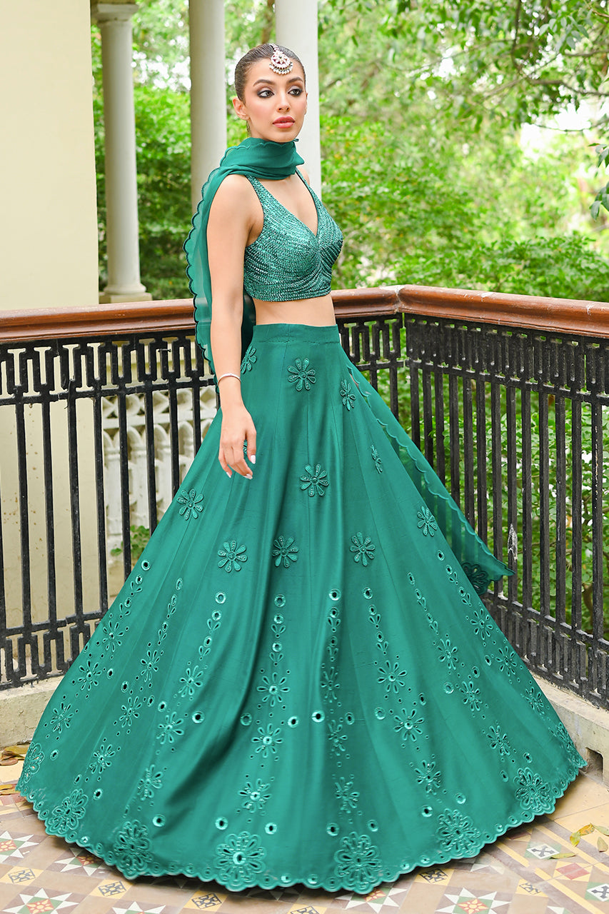 Pakistani Teal Eyelet Embroidered Raw Silk Lehnga Choli (3-Piece) - Image 3