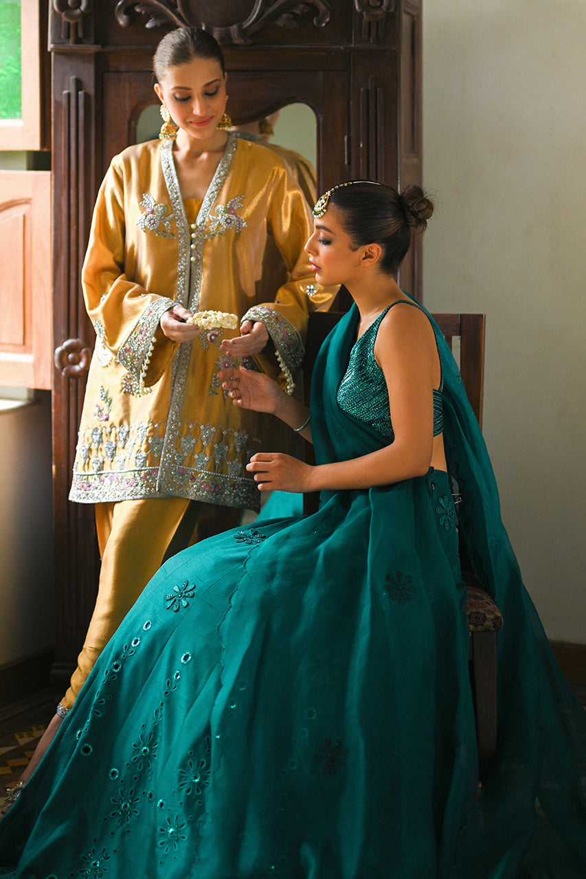 Pakistani Teal Eyelet Embroidered Raw Silk Lehnga Choli (3-Piece) - Image 4