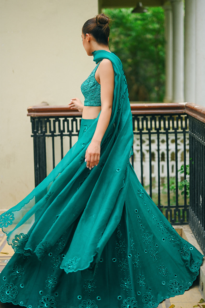 Pakistani Teal Eyelet Embroidered Raw Silk Lehnga Choli (3-Piece) - Image 5