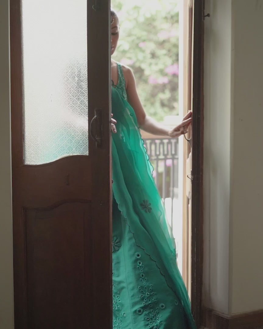 Pakistani Teal Eyelet Embroidered Raw Silk Lehnga Choli (3-Piece) - Image 6