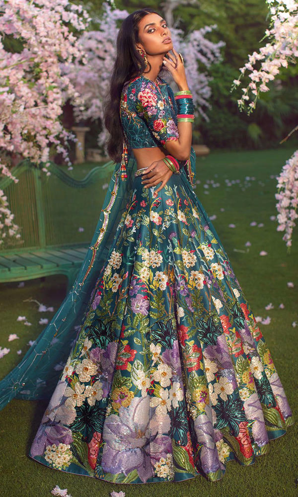 Pakistani Deep Teal Floral Embroidered Silk-Blend Lehenga (3-Piece) - Image 10
