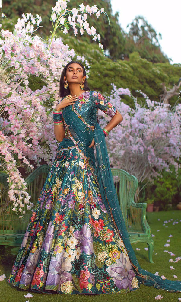 Pakistani Deep Teal Floral Embroidered Silk-Blend Lehenga (3-Piece) - Image 2