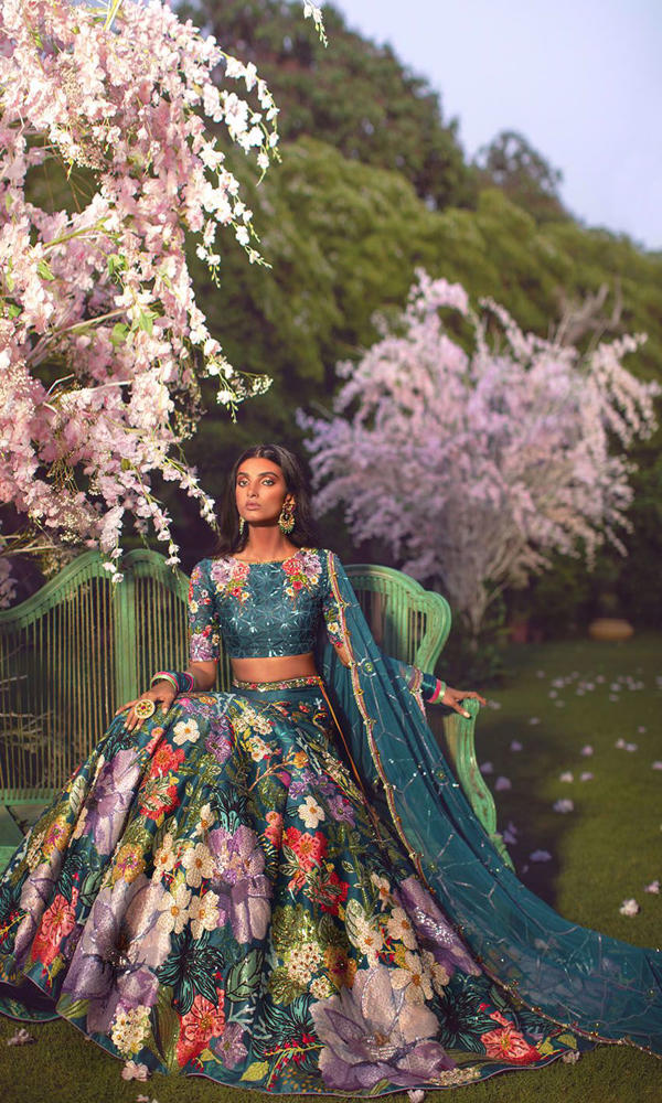 Pakistani Deep Teal Floral Embroidered Silk-Blend Lehenga (3-Piece) - Image 3