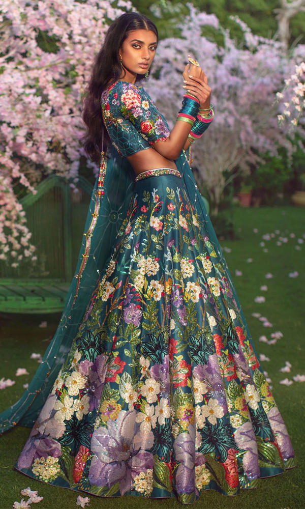 Pakistani Deep Teal Floral Embroidered Silk-Blend Lehenga (3-Piece) - Image 4