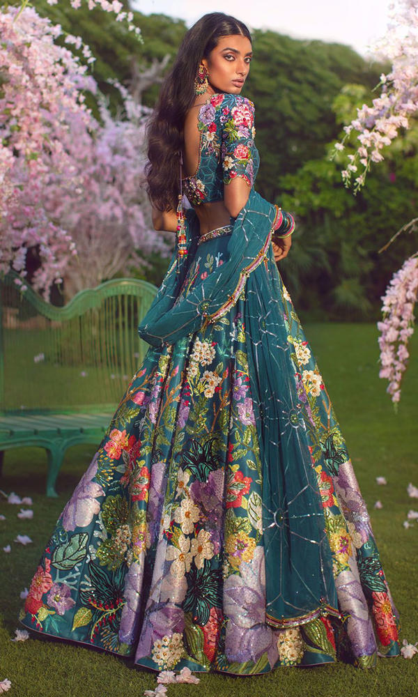 Pakistani Deep Teal Floral Embroidered Silk-Blend Lehenga (3-Piece) - Image 5