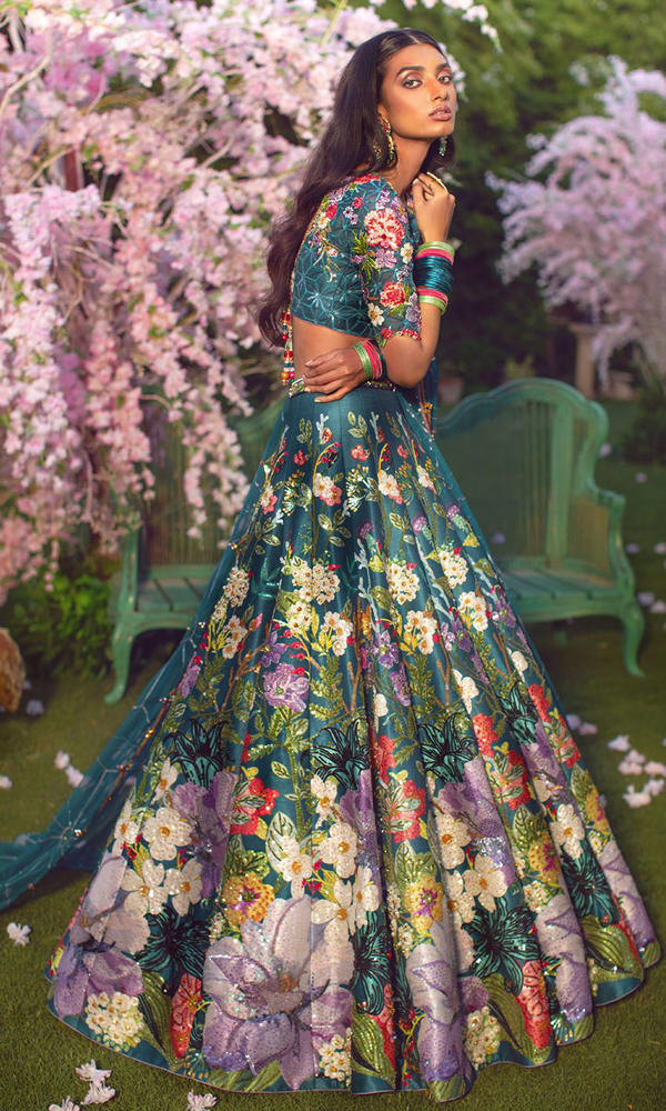 Pakistani Deep Teal Floral Embroidered Silk-Blend Lehenga (3-Piece) - Image 6