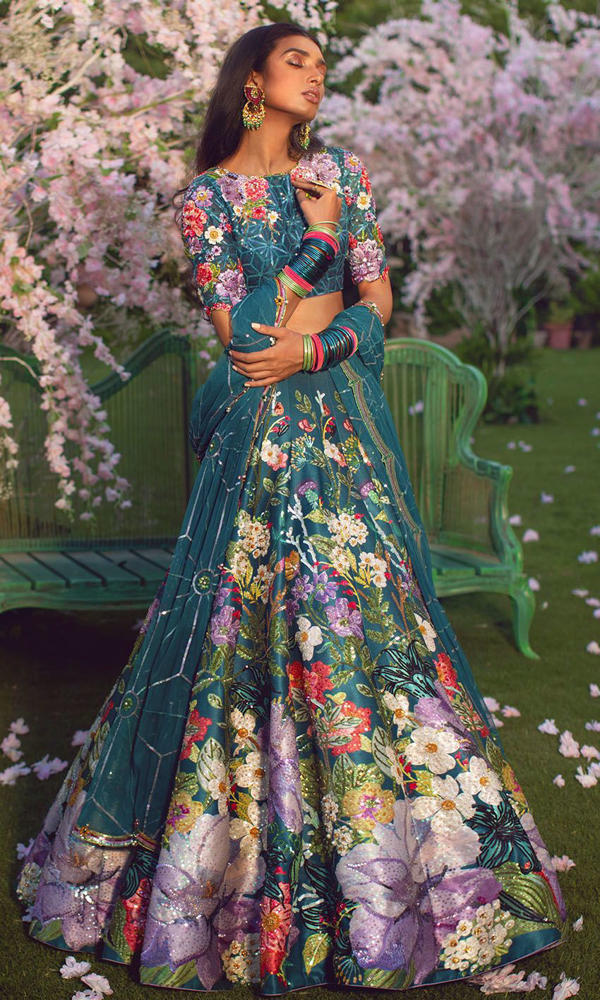 Pakistani Deep Teal Floral Embroidered Silk-Blend Lehenga (3-Piece) - Image 7