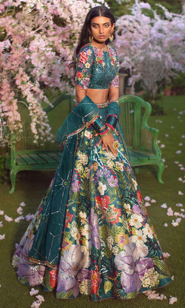 Pakistani Deep Teal Floral Embroidered Silk-Blend Lehenga (3-Piece) - Image 8