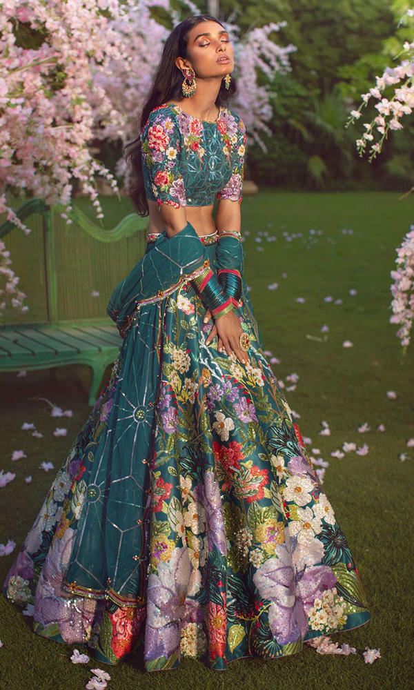 Pakistani Deep Teal Floral Embroidered Silk-Blend Lehenga (3-Piece) - Image 9
