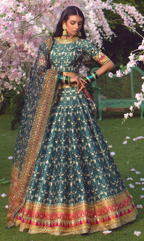 Pakistani Teal Mirror & Bead Silk-Blend Banarasi Lehenga (3-Piece) - Image 10