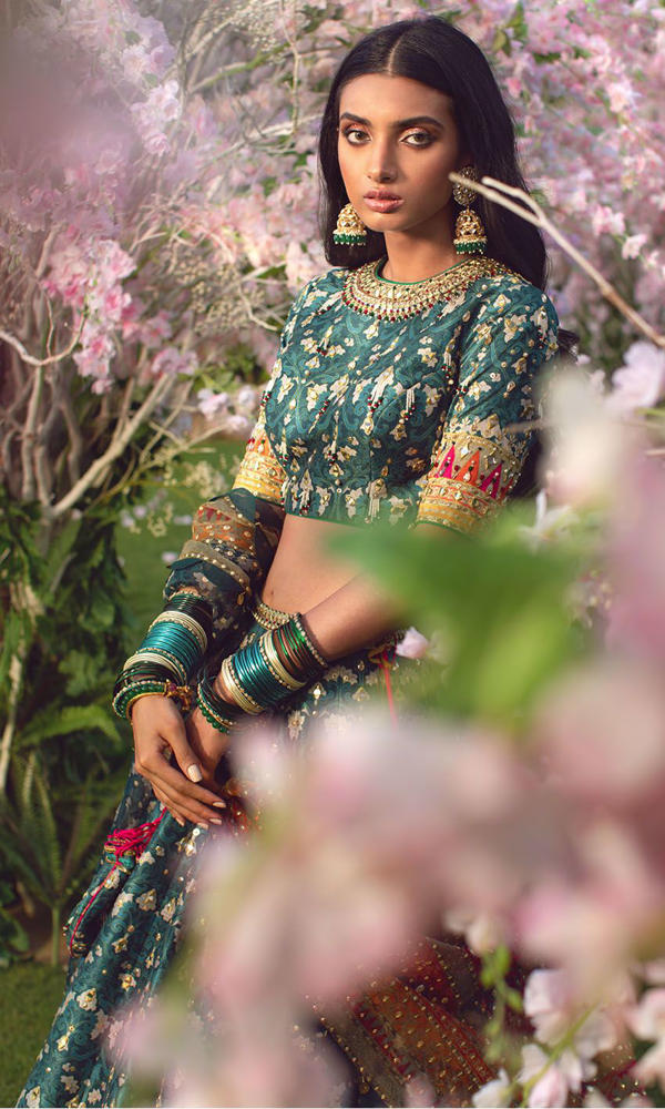 Pakistani Teal Mirror & Bead Silk-Blend Banarasi Lehenga (3-Piece) - Image 11