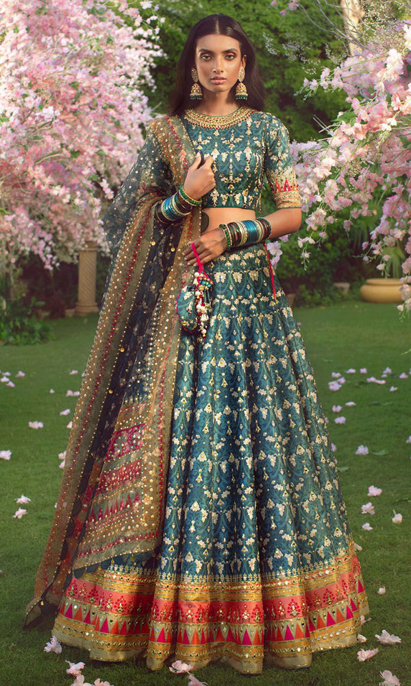 Pakistani Teal Mirror & Bead Silk-Blend Banarasi Lehenga (3-Piece) - Image 2