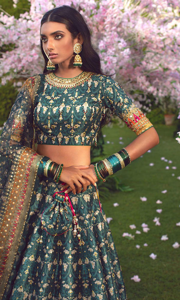 Pakistani Teal Mirror & Bead Silk-Blend Banarasi Lehenga (3-Piece) - Image 3