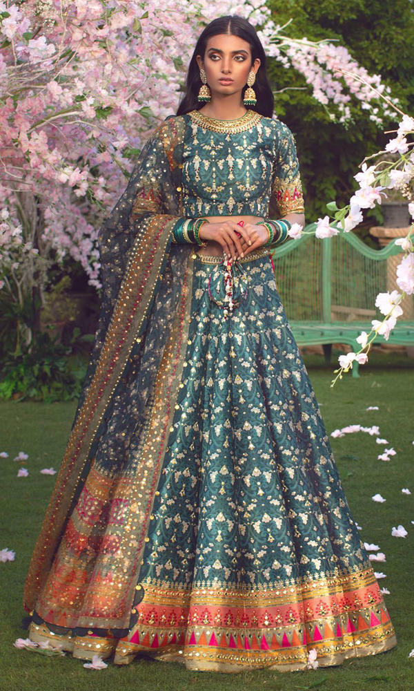 Pakistani Teal Mirror & Bead Silk-Blend Banarasi Lehenga (3-Piece) - Image 4