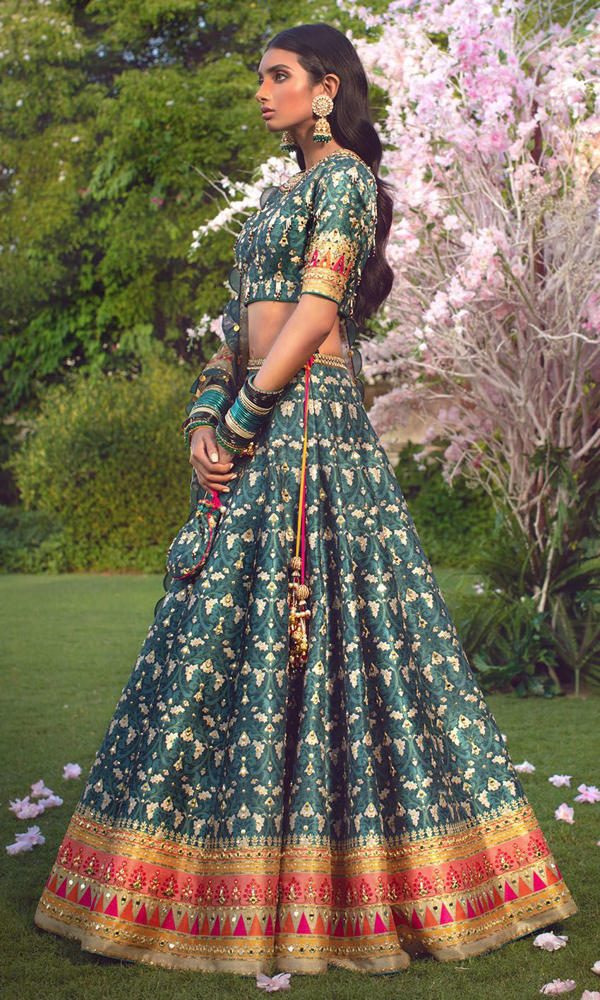 Pakistani Teal Mirror & Bead Silk-Blend Banarasi Lehenga (3-Piece) - Image 5