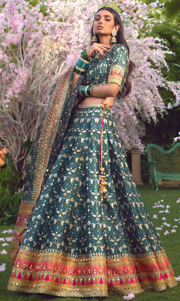 Pakistani Teal Mirror & Bead Silk-Blend Banarasi Lehenga (3-Piece) - Image 6