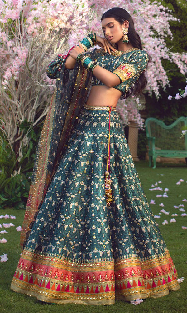 Pakistani Teal Mirror & Bead Silk-Blend Banarasi Lehenga (3-Piece) - Image 7