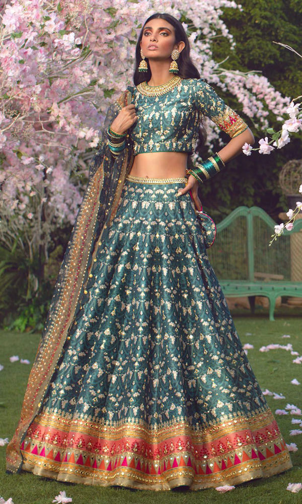 Pakistani Teal Mirror & Bead Silk-Blend Banarasi Lehenga (3-Piece) - Image 8