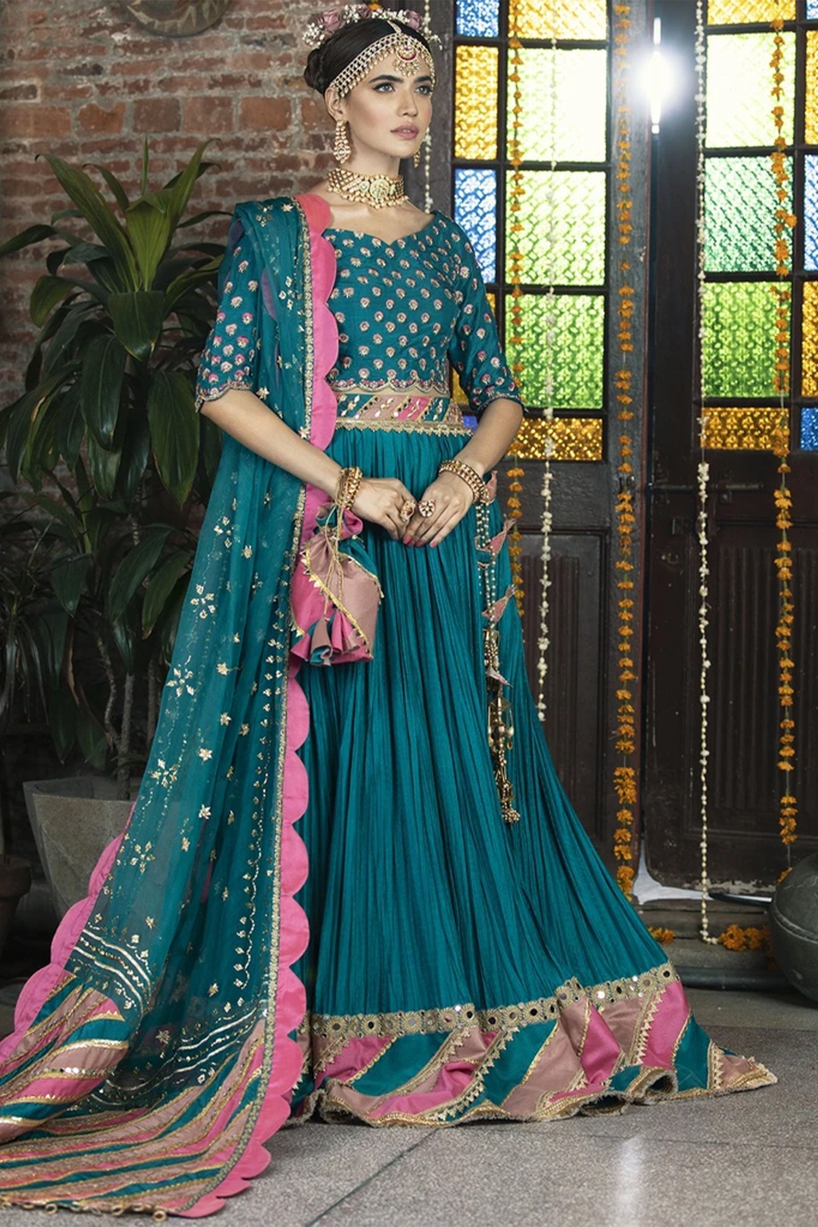 Teal Pink Embroidered Silk-Blend Lehenga Choli (3-Piece) - Image 1