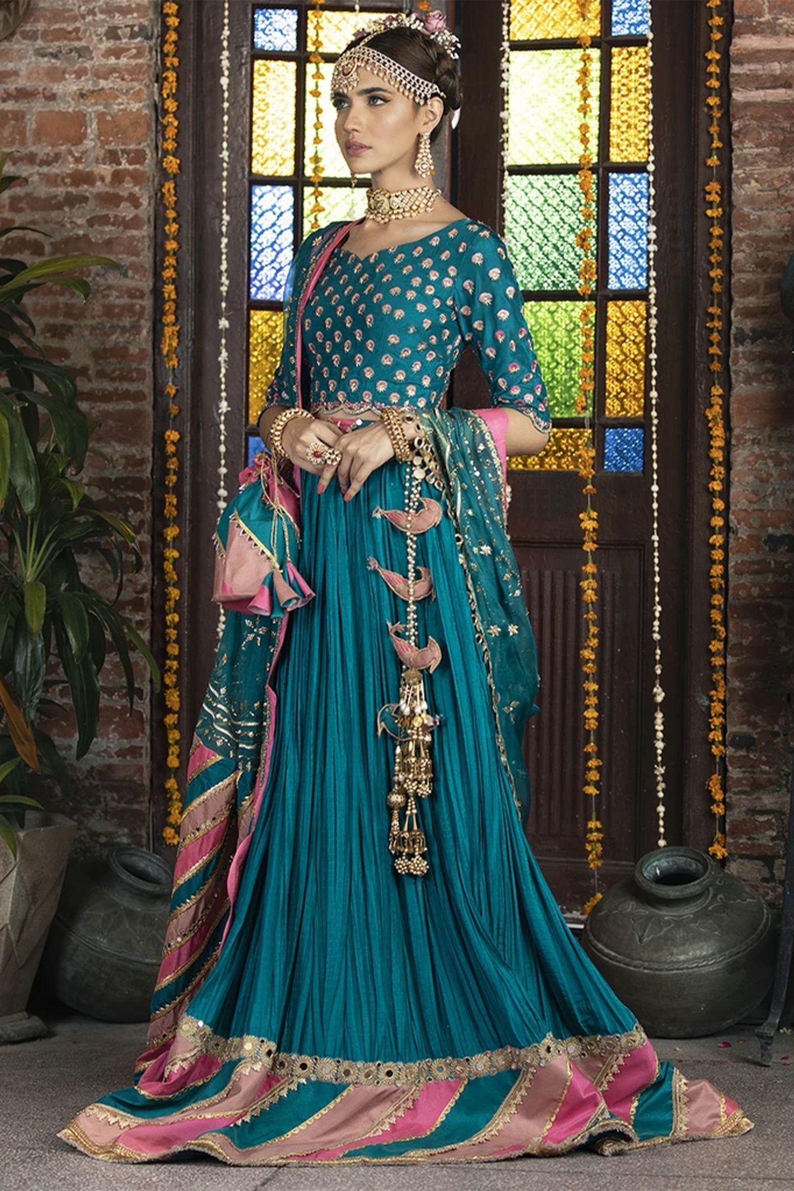 Teal Pink Embroidered Silk-Blend Lehenga Choli (3-Piece) - Image 2