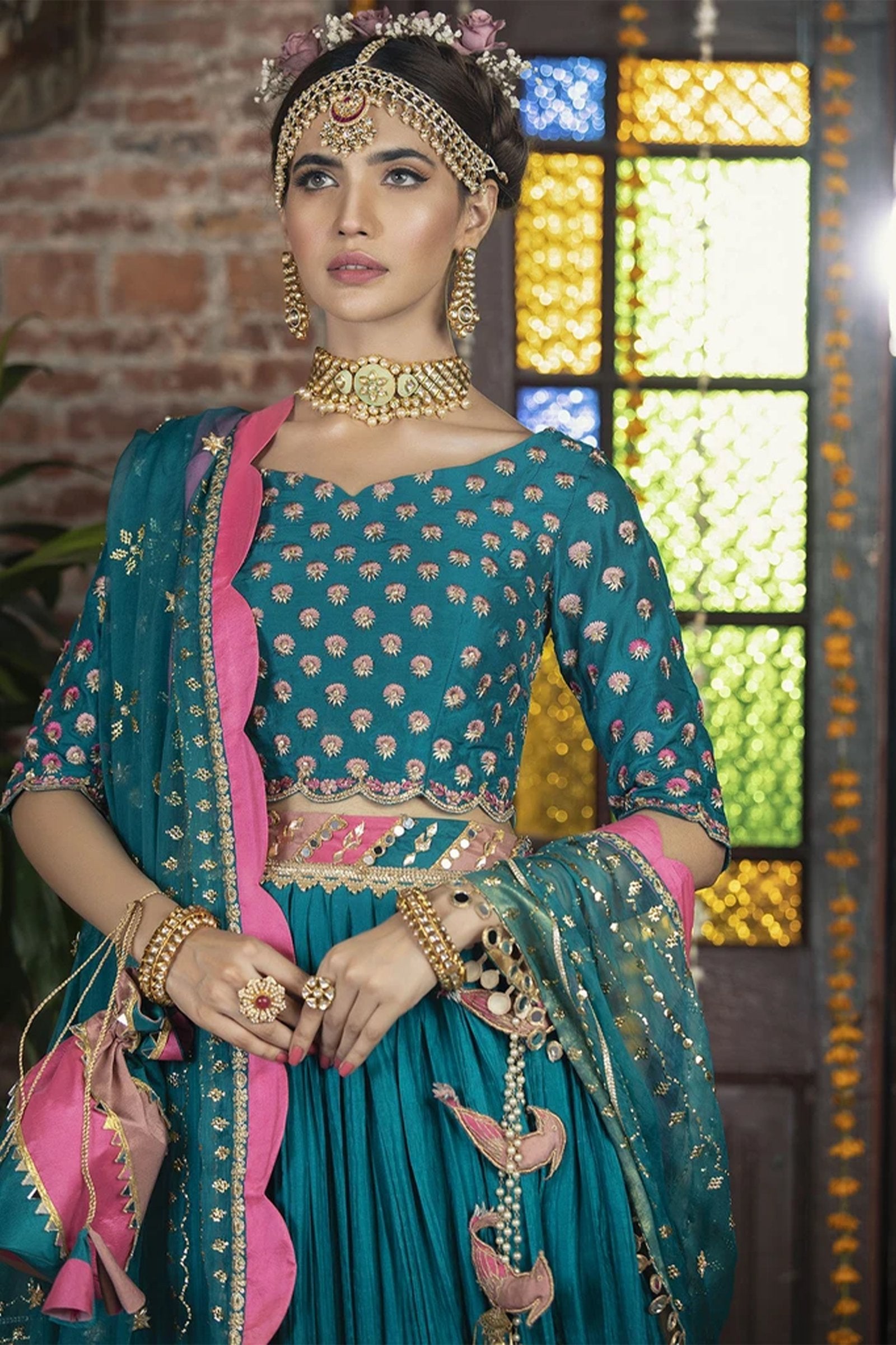 Teal Pink Embroidered Silk-Blend Lehenga Choli (3-Piece) - Image 3