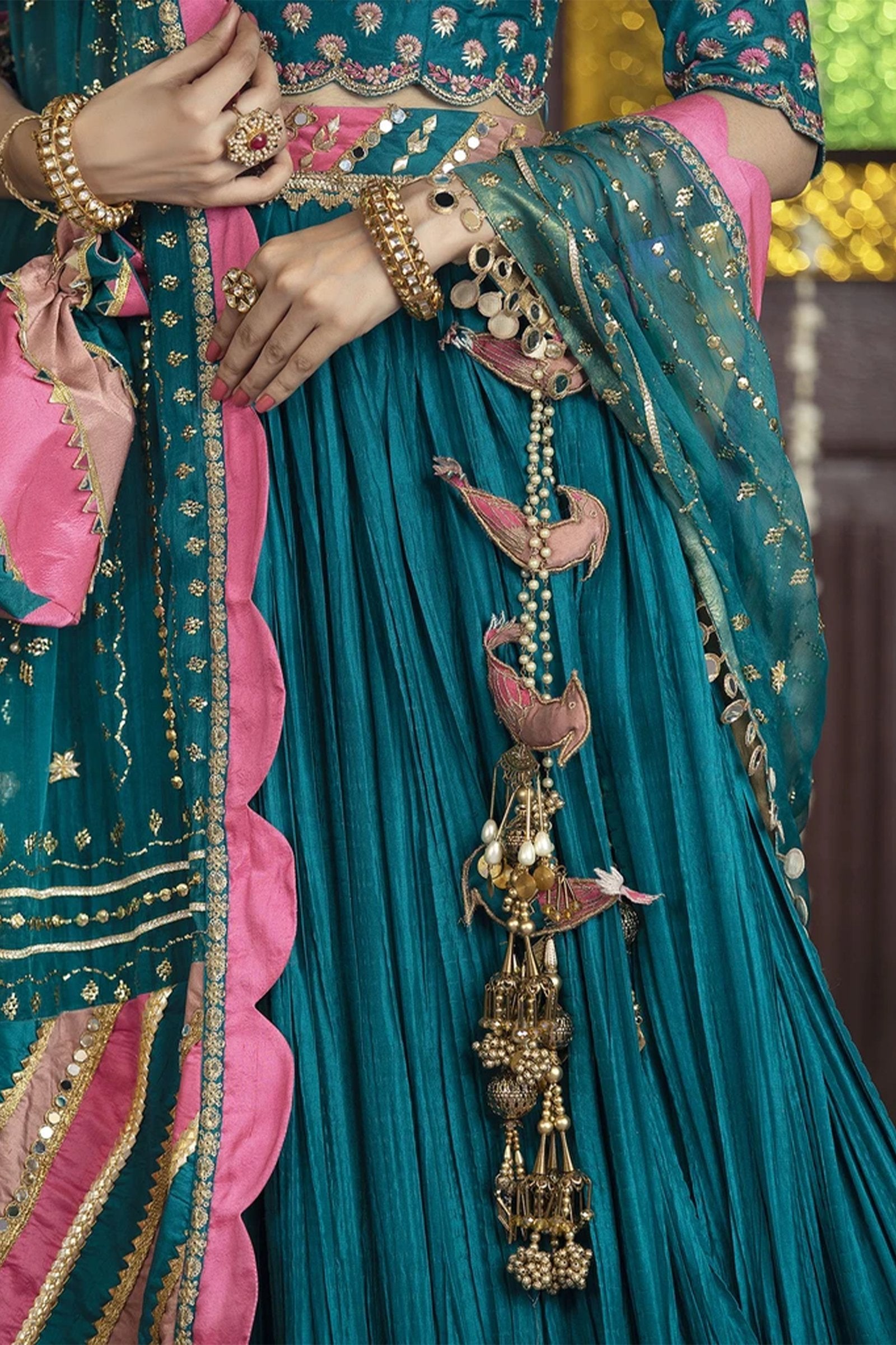 Teal Pink Embroidered Silk-Blend Lehenga Choli (3-Piece) - Image 4