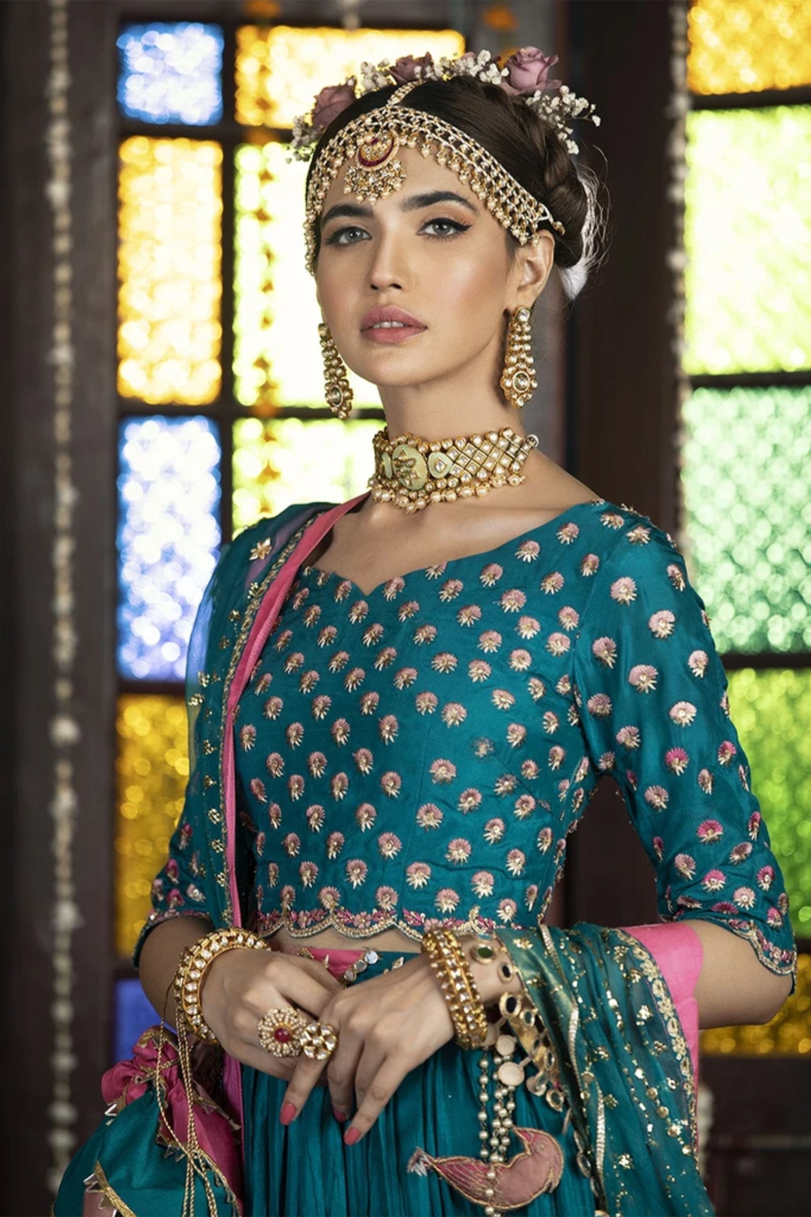 Teal Pink Embroidered Silk-Blend Lehenga Choli (3-Piece) - Image 5