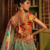 Pakistani Teal Embellished Silk Lehenga with Patchwork Blouse (3-Piece) - Image 2