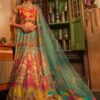 Pakistani Teal Embellished Silk Lehenga with Patchwork Blouse (3-Piece) - Image 3