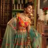 Pakistani Teal Embellished Silk Lehenga with Patchwork Blouse (3-Piece) - Image 4