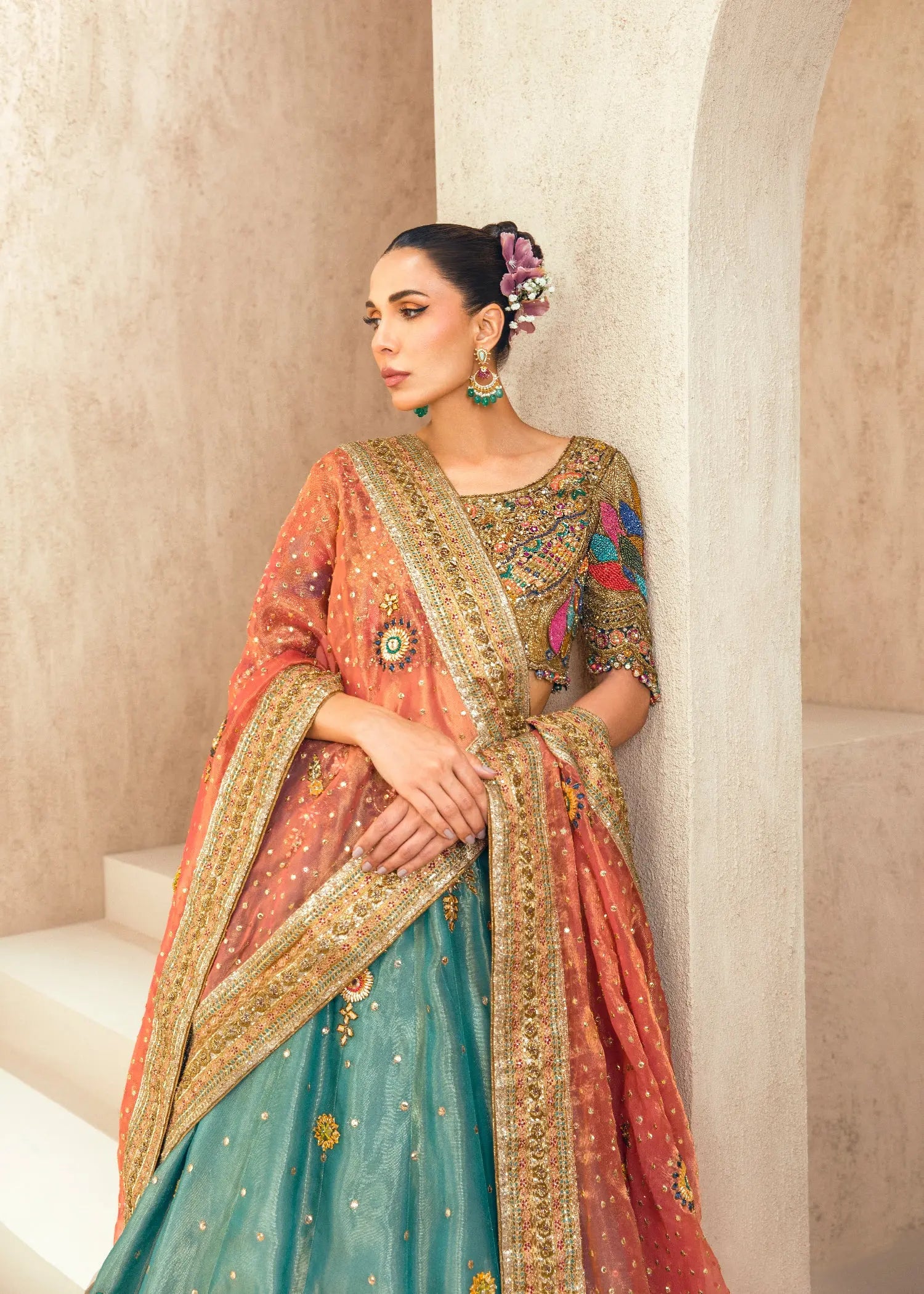 Pakistani Teal and Coral Embroidered Silk Lehenga Choli (3-Piece) - Image 3